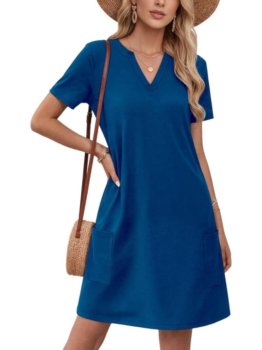 Women's Blue Resort Short Sleeve Casual Fashion Beach Dresses with Pockets